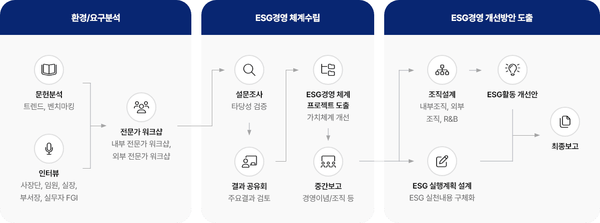 환경/요구분석, ESG경영 체계수립, ESG경영 개선방안 도출