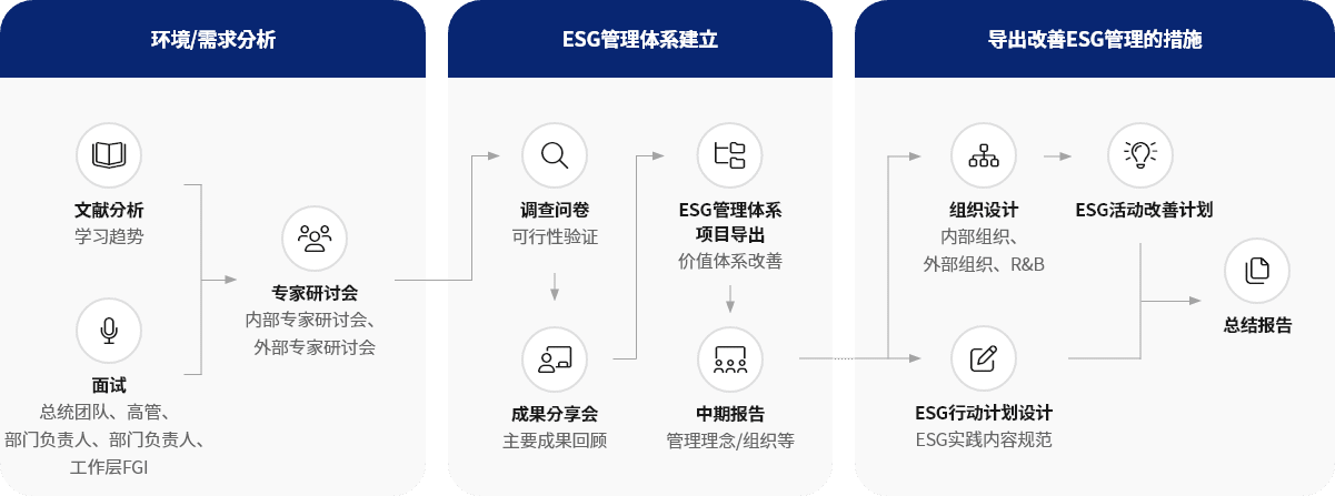 환경/요구분석, ESG경영 체계수립, ESG경영 개선방안 도출